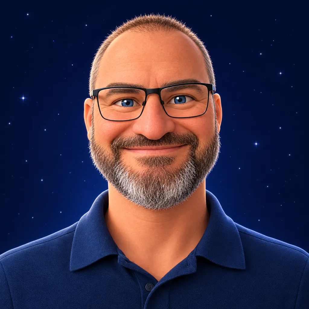 Bastis 3D-Avatar: kurze Haare, schwarze eckige Brille, grau melierter Bart, dunkelblaues Poloshirt vor einem Sternenhimmel